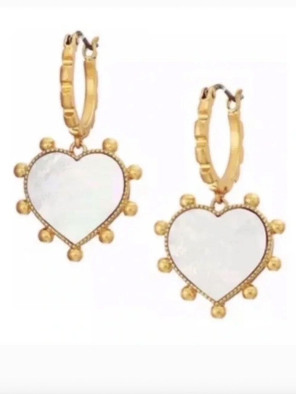 New Tory Burch White Mother of Pearl Gold Tone Heart Drop Earrings
